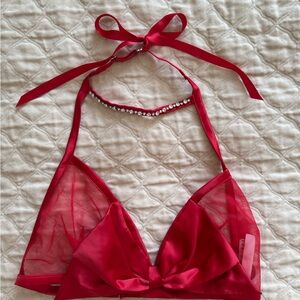 Elegant Red Sheer Bralette with a Bow and Neck Tie